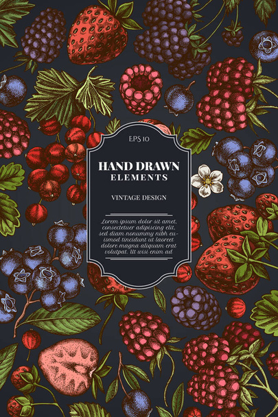 Card design on dark background with strawberry, blueberry, red currant, raspberry, blackberry - Διάνυσμα, εικόνα