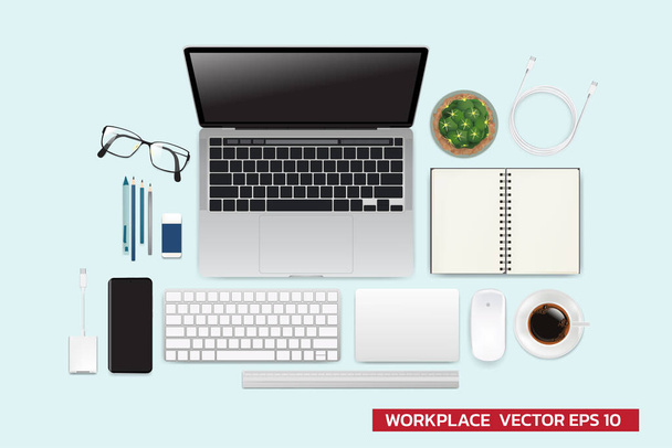 Ρεαλιστικά στοιχεία χώρου εργασίας, χώρος εργασίας με στοιχεία στο γραφείο πάνω όψη, Σύγχρονη Τεχνολογία εργασίας Τόπος, φυτό, γυαλιά, φλιτζάνι καφέ, smartphone, φορητό υπολογιστή, σχέδιο στοιχείο διάνυσμα γραφικών. - Διάνυσμα, εικόνα
