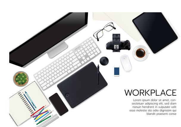 Realistinen työtilan elementtejä, työpaikalla elementtejä pöydällä näkymä, Moderni teknologia työpaikka, kasvi, näppäimistö, kuppi kahvia, älypuhelin, monitori, kirjoittaminen kohde vektori graafinen  - Vektori, kuva