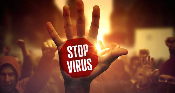 Stop Virus - πλήθος διαφορετικών ανθρώπων σε διαδήλωση. - Φωτογραφία, εικόνα