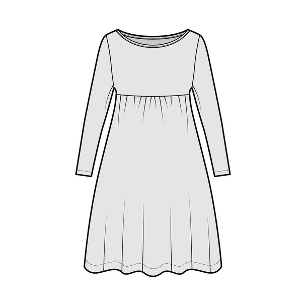 Ilustracja moda techniczna sukienka lalka z długimi rękawami, przerośnięte ciało, długość kolana spódnica A-line, szyja łodzi - Wektor, obraz