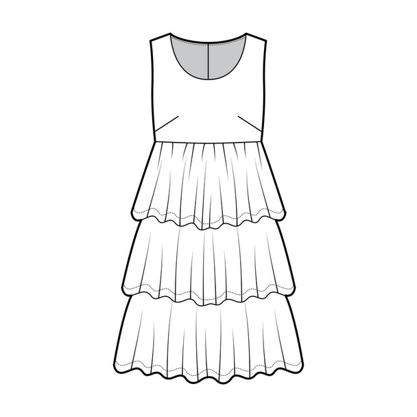 Φόρεμα Babydoll τεχνική εικόνα μόδας με αμάνικο, oversized σώμα, γόνατο κατά μήκος βολάν κλιμακωτή φούστα ένδυσης - Διάνυσμα, εικόνα