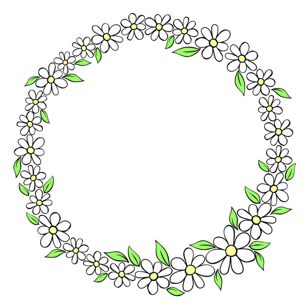 ベクトルハンドは、ドアスタイルで黒い輪郭の小さな花から円のフレーム、境界、花輪を描きました。かわいいシンプルな原始的な背景、招待状の装飾、グリーティングカード、結婚式. - ベクター画像