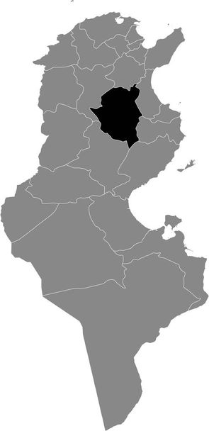 Schwarz hervorgehobene Lagekarte des tunesischen Gouvernements Kairouan innerhalb der grauen Karte der tunesischen Republik - Vektor, Bild
