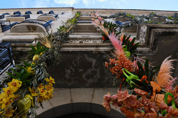 flower festival, temps de flors, girona, catalunya. streets decorated with flowers - Photo, Image