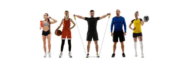 Collage of different professional sportsmen, fit people in action and motion isolated on white background. Flyer. - Foto, Bild