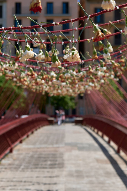 girona květ festival, temps de flors girona, catalunya. most zdobený květinami visícími vzhůru nohama - Fotografie, Obrázek