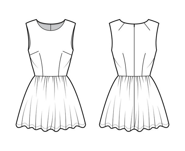 Платье короткая техническая мода иллюстрация с без рукавов, оснащенный корпус, мини-длина полная юбка. Плоская одежда. - Вектор,изображение