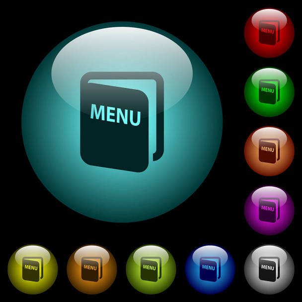 Menu icons in color illuminated spherical glass buttons on black background. Can be used to black or dark templates - Vector, Image