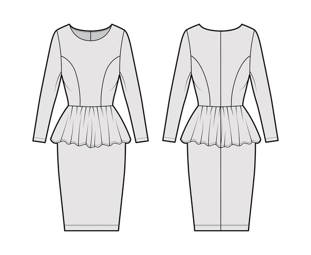 Sukienka peplum technicznych ilustracji mody z długimi rękawami, dopasowany korpus, spódnica długości kolana, okrągły dekolt. Mieszkanie  - Wektor, obraz