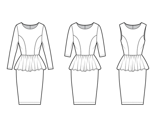 Set of dresses peplum technical fashion illustration with long sleeve, fitted body, knee length sheath skirt, round neck - Vektor, kép