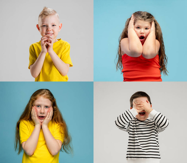 Art collage made of portraits of little and happy kids isolated on multicolored studio background. Human emotions, facial expression concept - Fotoğraf, Görsel