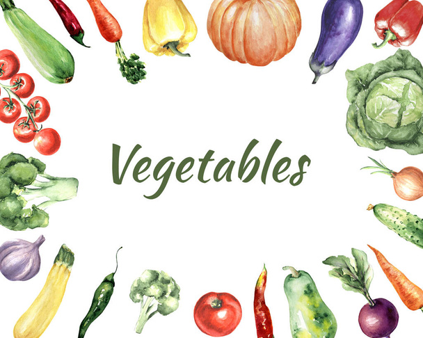 Акварельна прямокутна рамка з різнокольорових барвистих овочів: броколі, помідори, кабачки, морква, перець, гарбуз, баклажани, капуста, цибуля, огірок, буряк, часник. Для меню кулінарна книга
 - Фото, зображення