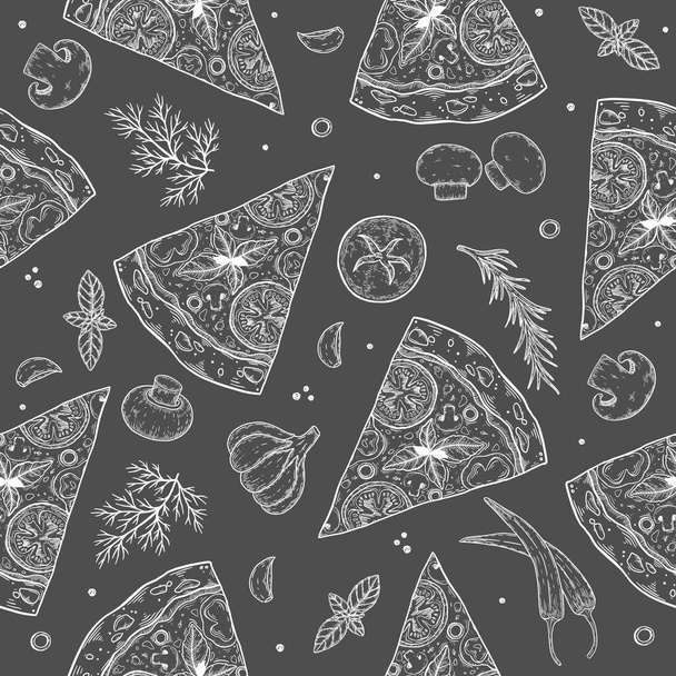 Handgezeichnete Vektor nahtlose Muster mit Pizza. Skizzenstil. Perfekt für Prospekte, Karten, Poster, Drucke, Speisekarten, Booklets - Vektor, Bild