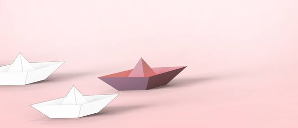 Concept de leadership avec Origami navire en papier leader sur rouge, fond de bannière de conception d'art papier- rendu 3d - Photo, image