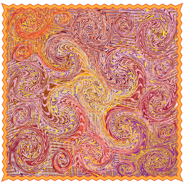  オレンジ色の正方形のカーペット、マット、ラグ、東洋のグランジ旋回パターンと白の背景に隔離された波状のフリンジを持つタペストリー - ベクター画像
