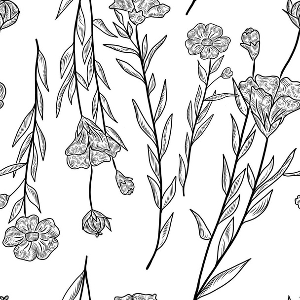 Handgezeichnetes nahtloses Flachs-Pflanzenmuster - Vektor, Bild