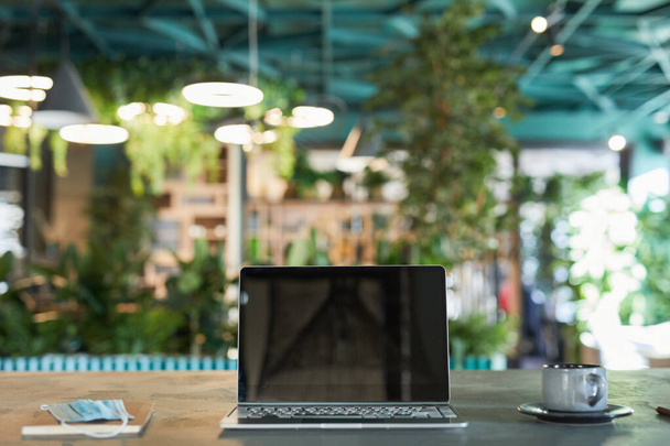 Vorderseite Hintergrundbild von geöffnetem Laptop mit leerem Bildschirm in modernen umweltfreundlichen Café-Interieur mit frischen grünen Pflanzen dekoriert, Kopierraum - Foto, Bild