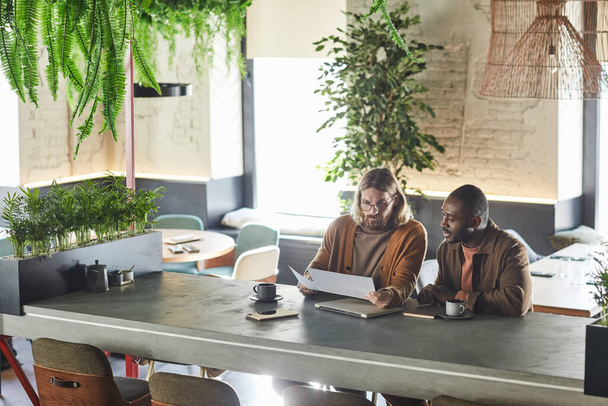 Широкоугольный портрет двух современных мужчин, сотрудничающих по проекту во время деловой встречи в зеленом офисе или кафе интерьера, копировальное пространство - Фото, изображение