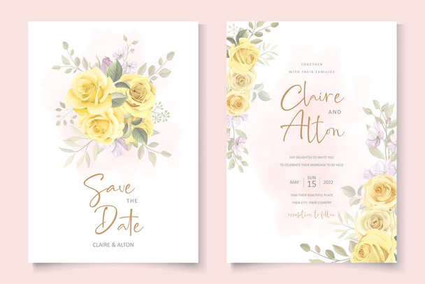 Wedding card template with hand drawn yellow floral ornaments theme - Vector, Image