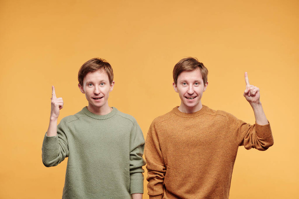 Porträt fröhlich inspirierter junger Zwillingsbrüder mit roten Haaren, die Zeigefinger nach oben zeigen, während sie eine brillante Idee haben - Foto, Bild