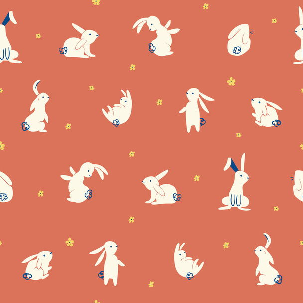 Lindo y sencillo motivo de ilustración de conejo dibujado a mano patrón de repetición sin costuras fondo rosa retro - Foto, imagen