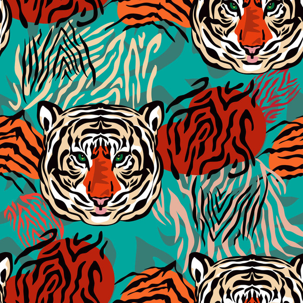 Tiger schöne nahtlose Muster in verschiedenen Farben in cartoon realistischen flachen Stil. Modernes Mode-Print-Hautdesign für Textilien, Stoffe, Tapeten. Safari-Kunst. Vektorillustration - Vektor, Bild