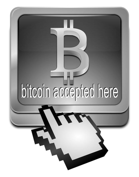 İmleç gümüşlü bitcoin burada kabul edildi - 3B illüstrasyon - Fotoğraf, Görsel