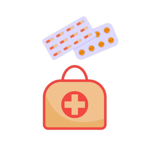 Verbandskasten mit Medikamenten für die Erste Hilfe. - Vektor, Bild