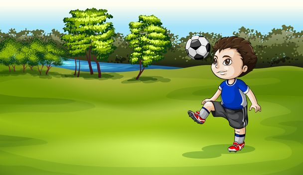 Poika pelaamassa jalkapalloa ulkona
 - Vektori, kuva