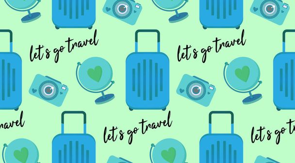 Vector seamless pattern with travel clip art set of objects - luggage bag, globe, instant photo camera, text lets go travel. Cute background design in simple flat style. Backdrop for travel, tourism. - Vector, imagen