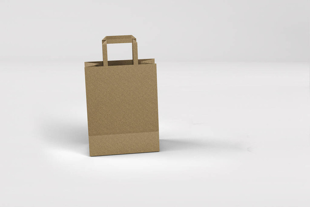 Vista de perto do saco de compras de papel artesanal com alças sobre fundo branco, 3D Renderização ilustração isolada. adequado para o design do seu elemento. - Foto, Imagem