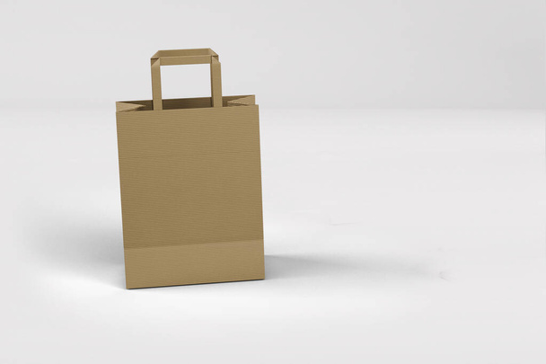 Vista de cerca de la bolsa de compras de papel artesanal con asas sobre fondo blanco, 3d representación ilustración aislada. adecuado para el diseño de su elemento. - Foto, imagen