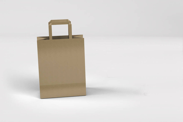 Vista de cerca de la bolsa de compras de papel artesanal con asas sobre fondo blanco, 3d representación ilustración aislada. adecuado para el diseño de su elemento. - Foto, Imagen