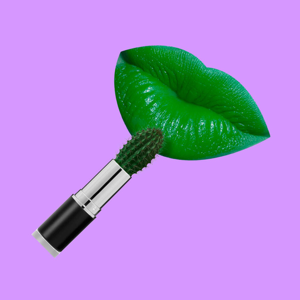 Contemporary art collage. Female green lips with lipstick isolated over purple background - Photo, Image