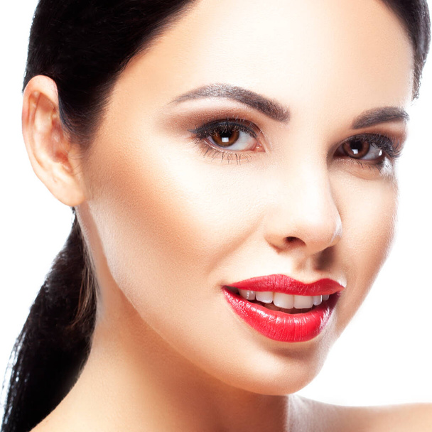 Sexy modern woman beauty face, red lips make-up, smile, clean skin, looking at camera - 写真・画像