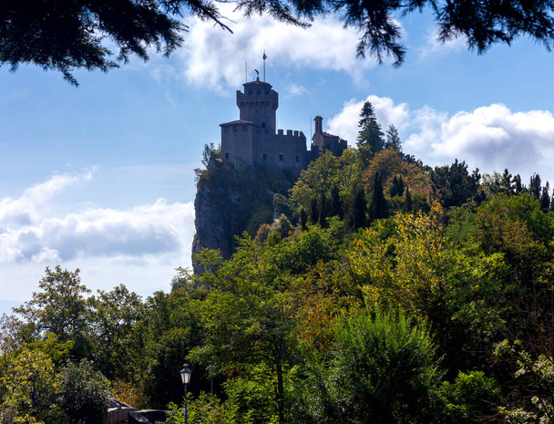San Marino. Old stone towers on top of the mountain. - Photo, Image