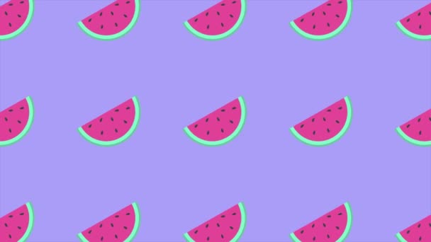 Fundo animado com fatias de melancia em movimento no fundo roxo. 4k vídeo - Filmagem, Vídeo