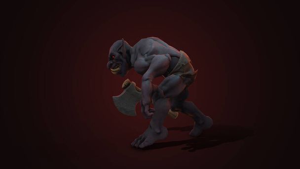 Fantezi karakteri Troll Berserker destansı bir pozda - karanlık arka planda 3D canlandırma - Fotoğraf, Görsel
