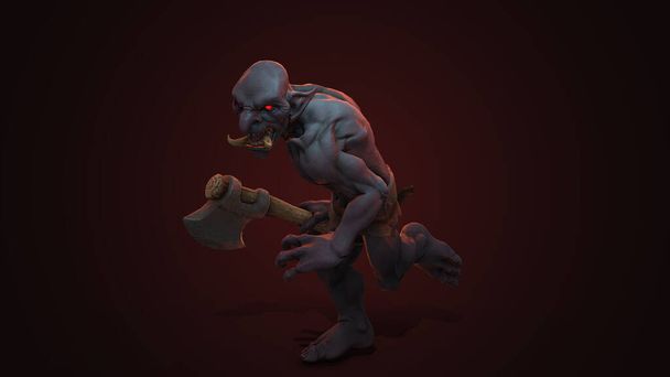 Fantazie postava Troll Berserker v epické póze - 3D vykreslení na tmavém pozadí - Fotografie, Obrázek