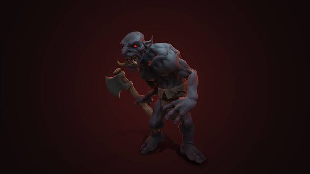 Χαρακτήρας φαντασίας Troll Berserker σε επική στάση - 3D render σε σκούρο φόντο - Φωτογραφία, εικόνα