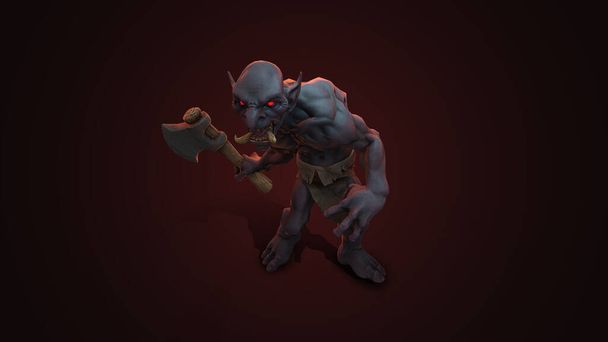 Personnage fantastique Troll Berserker en pose épique - rendu 3D sur fond sombre - Photo, image