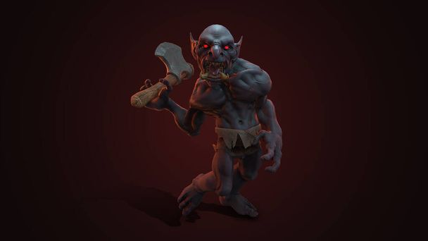 Fantasy karakter Troll Berserker epikus pózban - 3D render sötét háttér - Fotó, kép