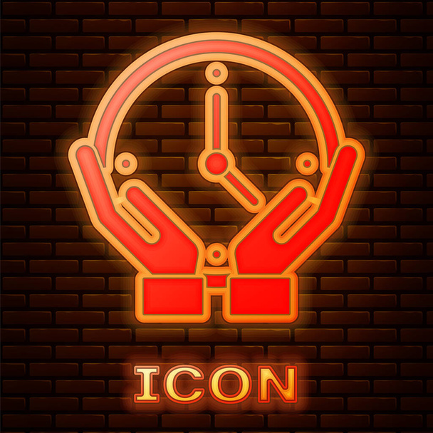 Leuchtende Neon Clock Symbol isoliert auf Backsteinwand Hintergrund. Zeitsymbol. Vektor. - Vektor, Bild