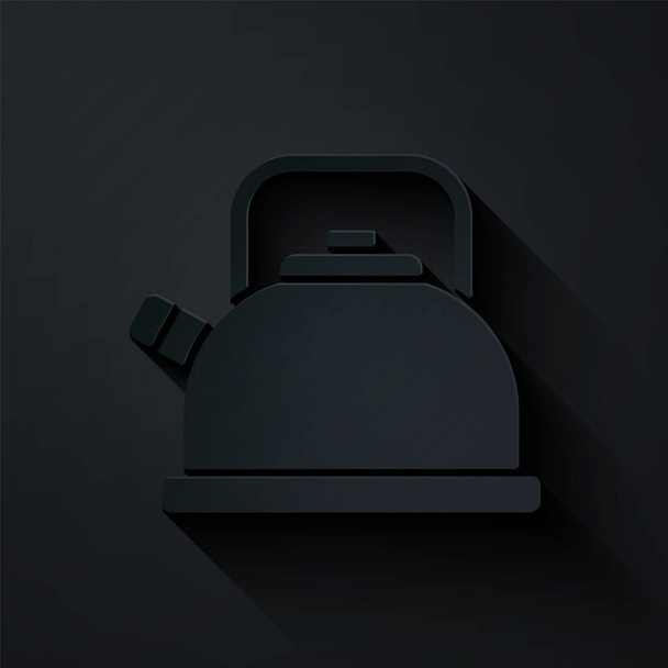 Papiergeschnittener Wasserkocher mit Stielsymbol isoliert auf schwarzem Hintergrund. Teekanne vorhanden. Papierkunst. Vektor. - Vektor, Bild