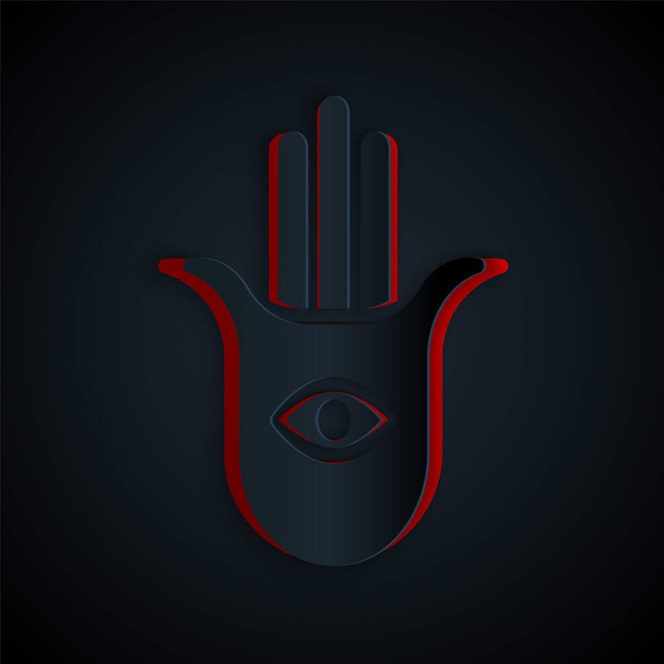 Papel corte Hamsa mão ícone isolado no fundo preto. Mão de Fátima - amuleto, símbolo da proteção do olho de diabo. Estilo de arte de papel. Vetor. - Vetor, Imagem