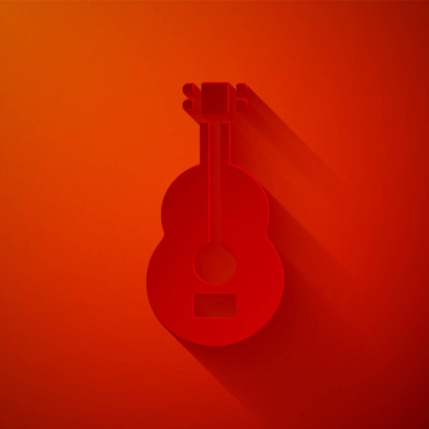 Papír střih španělská kytara ikona izolované na červeném pozadí. Akustická kytara. Strunový hudební nástroj. Papírový styl. Vektor. - Vektor, obrázek