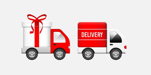 Een bestelwagen. Vrachtwagen met geschenkdoos. Auto met de inscriptie "Delivery". Vectorillustratie. - Vector, afbeelding