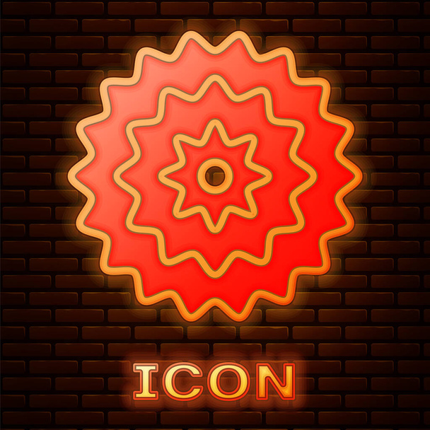 Glowing neon Bicycle cassette mountain bike icon isolated on brick wall background. Rear Bicycle Sprocket. Chainring crankset with chain.  Vector. - Vector, Image
