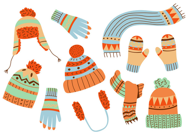 Lindos sombreros de punto de invierno y guantes, bufandas vector - Vector, Imagen